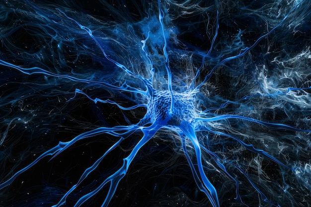 Uma imagem abstrata visualmente impressionante que se assemelha a uma estrutura neuronal explodindo em tons azuis contra um