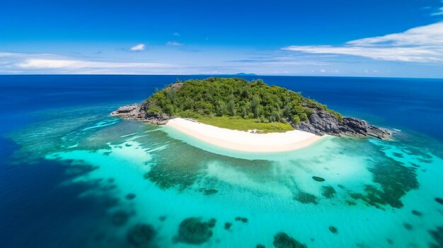 Uma imagem aérea cativante de uma ilha remota intocada que oferece um refúgio natural idílico e sereno