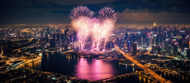 Uma imagem aérea de fogos de artifício sobre Bangkok enquanto ilumina o céu noturno