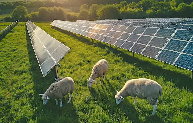 Uma imagem aérea de ovelhas comendo em um campo de grama verde com painéis solares diferentes fontes de energia