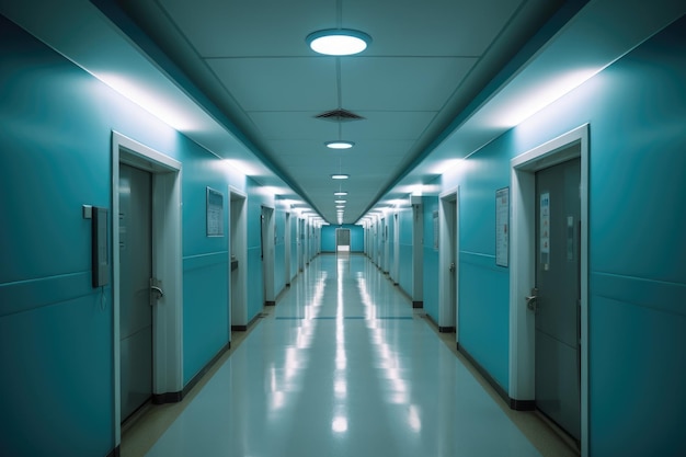 Uma imagem aérea de um corredor de hospital com portas fechadas em ambos os lados IA generativa