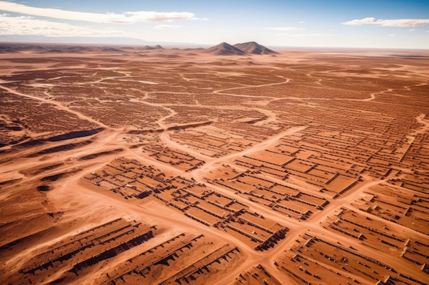 Uma imagem aérea do deserto de Atacama no Chile com centenas de fileiras de módulos ou painéis de energia solar Vôo de drone e observação acima de uma grande instalação solar no meio do deserto