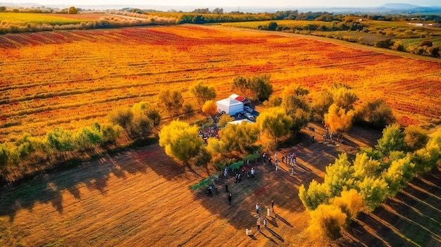 Uma imagem aérea vibrante de um vinhedo movimentado durante a temporada de colheita repleta de cor e atividade