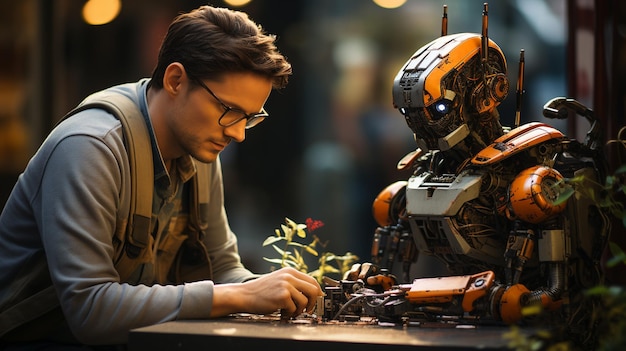Uma imagem ampla de um robô moderno ajudando um homem a reparar