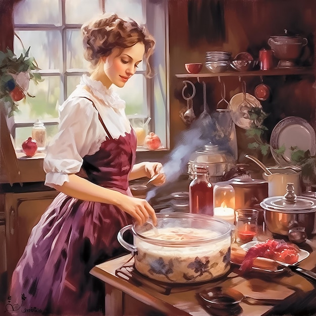 Uma imagem antiga de uma mulher do século XIX cozinhando pudim de ameixa tradicional em uma cozinha vintage