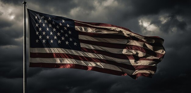 Uma imagem aproximada da bandeira americana ao vento com um céu escuro e dramático