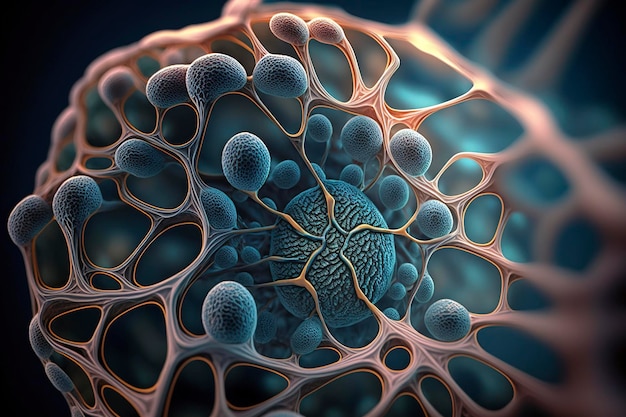 Uma imagem aproximada de um organismo humano em desenvolvimento, mostrando a intrincada rede de células e tecidos