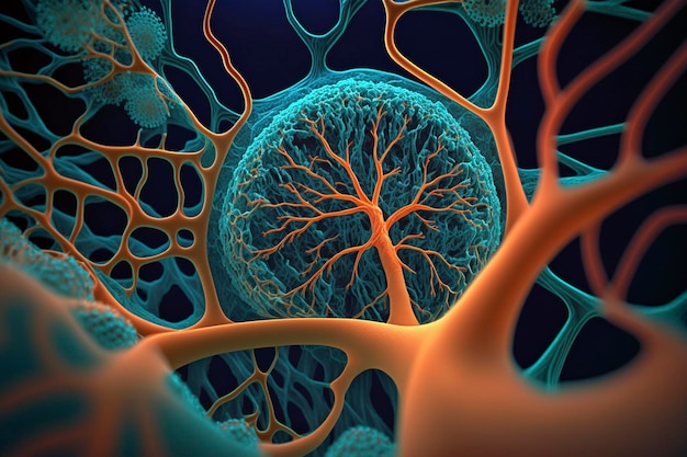 Uma imagem aproximada de um organismo humano em desenvolvimento, mostrando a intrincada rede de células e tecidos