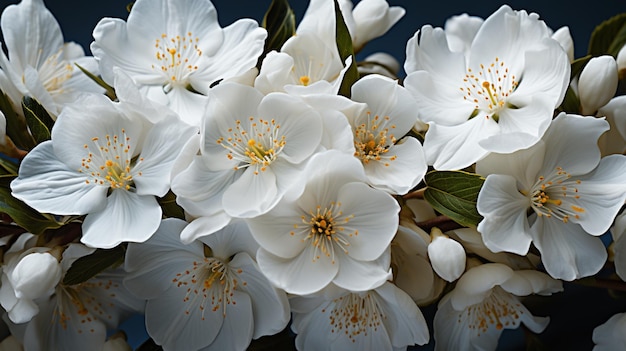 uma imagem artística de flores brancas com folhas verdes