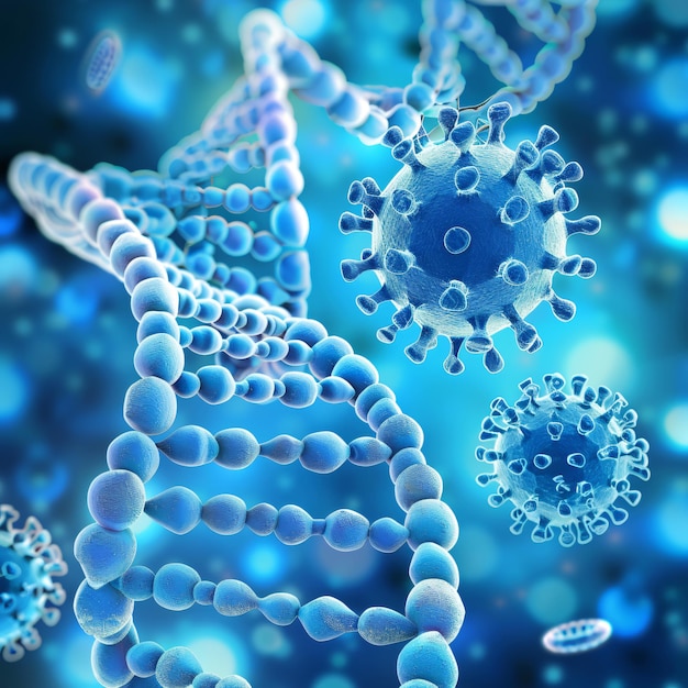 uma imagem azul e roxa de um vírus e bactérias