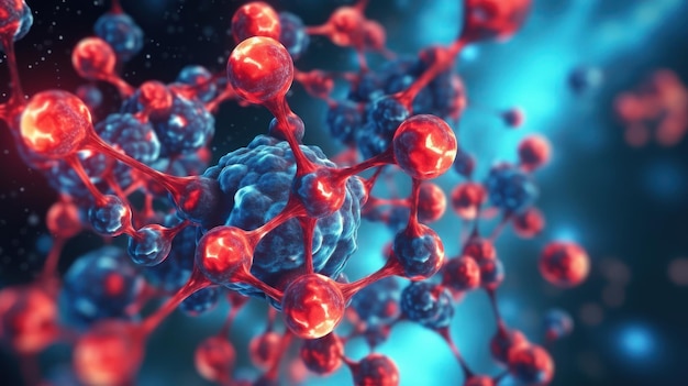 Uma imagem azul e vermelha de uma molécula com esferas vermelhas e azuis.