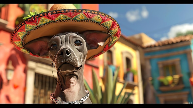 Foto uma imagem bonita e colorida de um xoloitzcuintle vestindo um sombrero o cão está de pé em uma rua com edifícios coloridos ao fundo