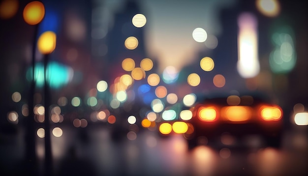 Uma imagem borrada de uma rua da cidade com luz bokeh ao fundo