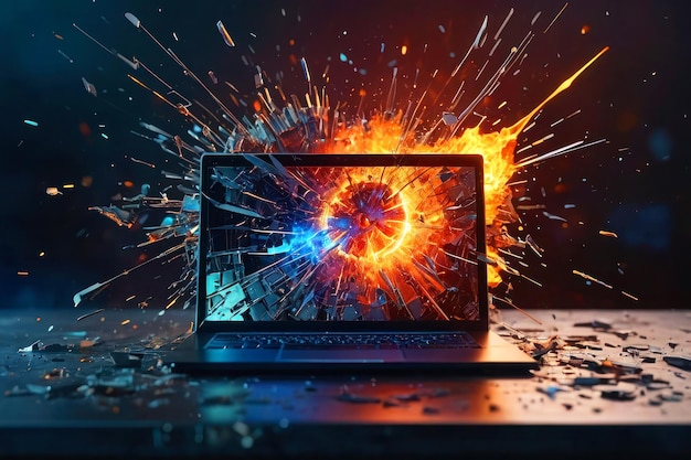 Uma imagem brilhante para banner de reparo de equipamentos publicitários Laptop com tela explosiva de vidro voador