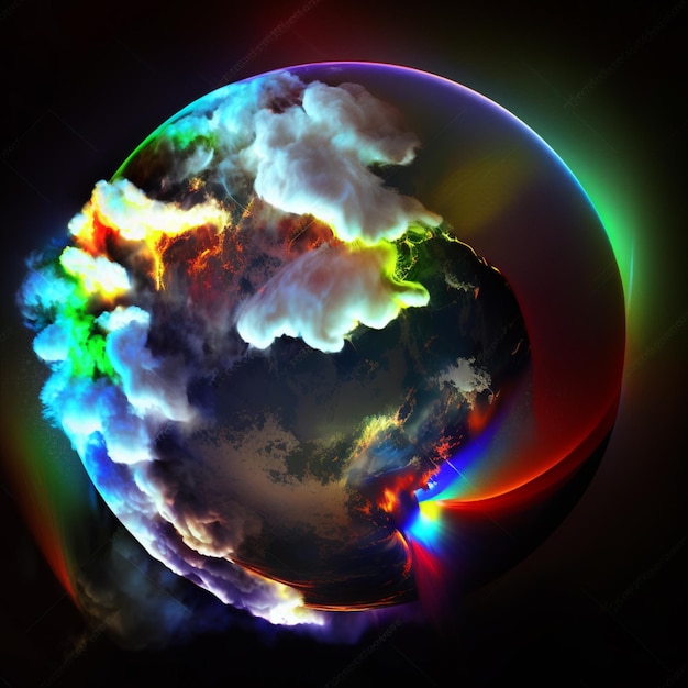 Uma imagem brilhantemente colorida de um planeta com nuvens e arco-íris generative ai
