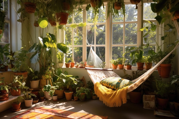 Uma imagem calmante de uma rede em meio a plantas exuberantes em vasos proporcionando um espaço sereno para o relaxamento Uma sala ensolarada cheia de suculentas e plantas com uma rede no canto AI Generated