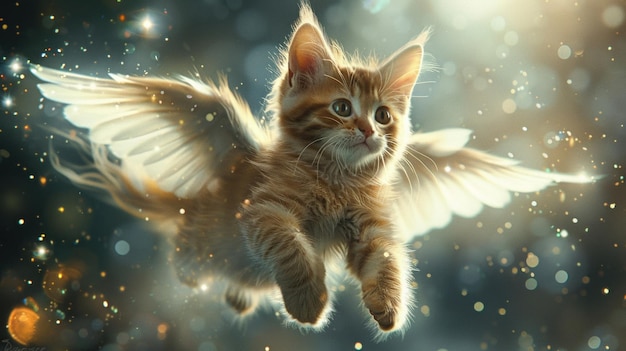 Uma imagem caprichosa de um gatinho com asas voando no ar