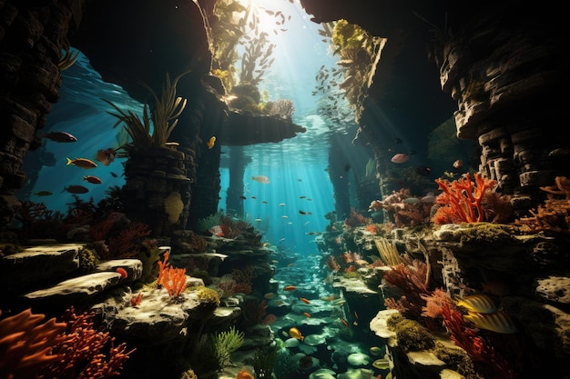 Uma imagem capturando um ambiente aquático de pilares de pedra peixes vibrantes recifes de coral vivos e um vasto