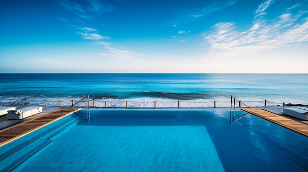 Uma imagem cativante da piscina de borda infinita de um luxuoso hotel boutique que se mistura harmoniosamente com a beira do oceano