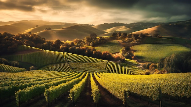 Uma imagem cativante de um vinhedo próspero com colinas graciosamente onduladas ao fundo