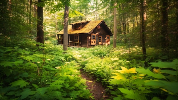 Uma imagem cativante de uma cabana charmosa aninhada no coração de uma floresta serena, proporcionando uma fuga tranquila do cotidiano