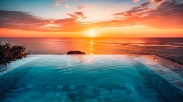 Uma imagem cativante de uma luxuosa piscina infinita que se funde perfeitamente com o horizonte do oceano, proporcionando uma sensação de relaxamento e indulgência