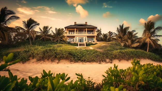 Uma imagem cativante de uma luxuosa villa de praia que se mistura harmoniosamente com os seus arredores deslumbrantes, criando uma atmosfera de tranquilidade e indulgência