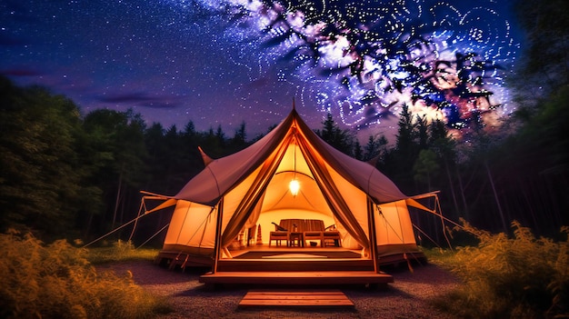 Uma imagem cativante de uma suntuosa tenda glamping sob um céu hipnotizante cheio de estrelas, oferecendo uma fuga de verão luxuosa e serena