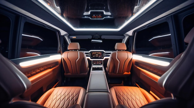 Foto uma imagem cativante do interior de um veículo autônomo de luxo, mostrando seu design inovador e recursos excepcionais