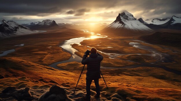 Foto uma imagem cativante que celebra a arte da fotografia com uma câmera capturando um deslumbrante