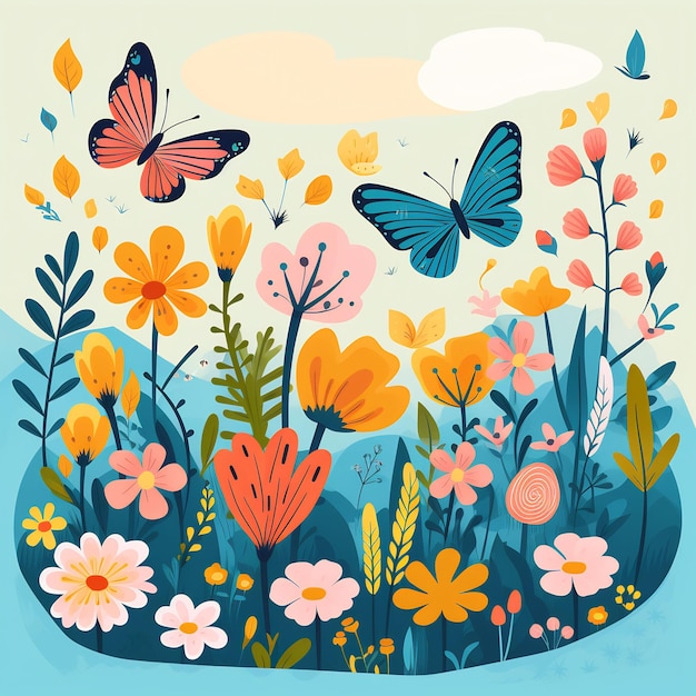 uma imagem colorida de borboletas e flores com um fundo de céu