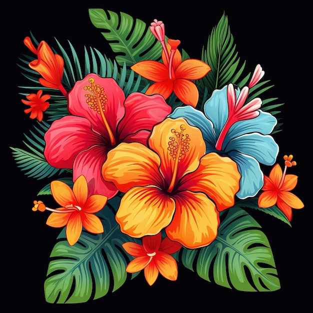 uma imagem colorida de flores e folhas com a palavra hibisco