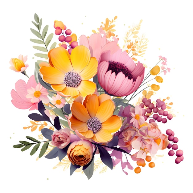 uma imagem colorida de flores e folhas.