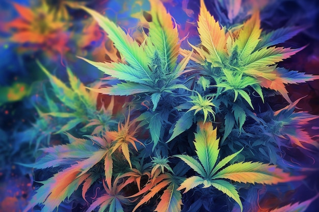 Foto uma imagem colorida de folhas de cannabis.