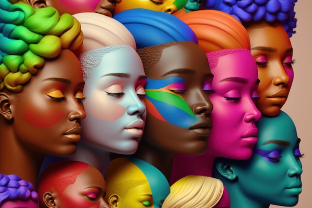 Uma imagem colorida de mulheres com cores diferentes em seus rostos