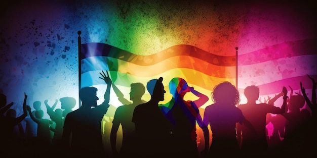 Uma imagem colorida de pessoas dançando na frente de um fundo de arco-íris.