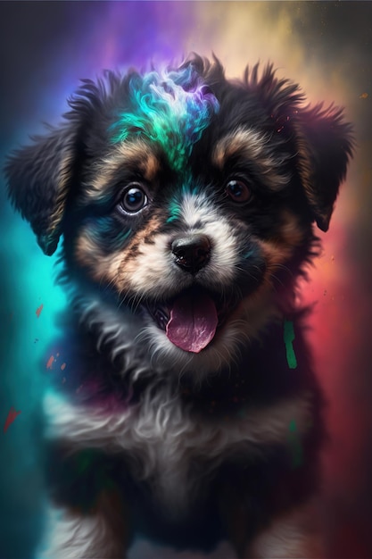 Uma imagem colorida de um cachorrinho com as cores do arco-íris.