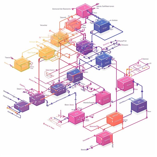 uma imagem colorida de um edifício com muitas caixas de cores diferentes.