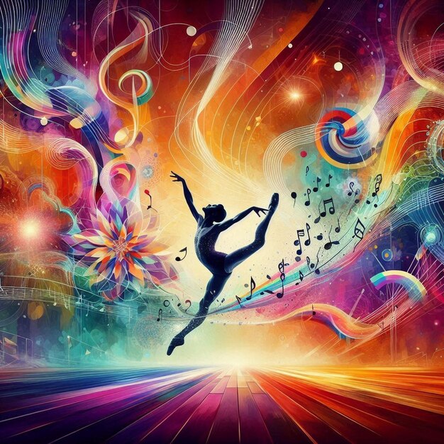 Foto uma imagem colorida de um homem e um dançarino musical com notas de música no fundo