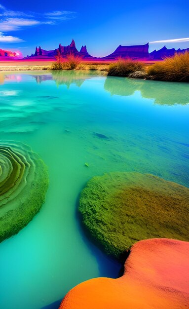 Uma imagem colorida de um lago com pedras e o céu é um pôr do sol colorido.