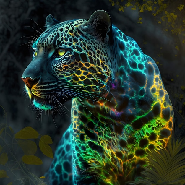 Uma imagem colorida de um leopardo com um fundo preto.