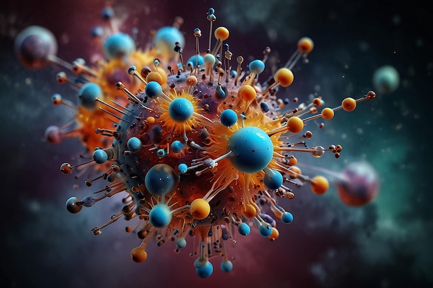 uma imagem colorida de um vírus e a palavra vírus