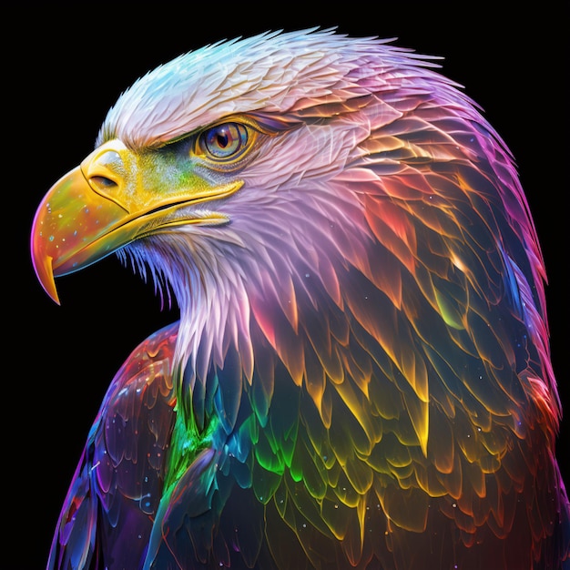 Uma imagem colorida de uma águia careca com um fundo preto.