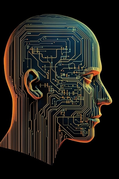 Uma imagem colorida de uma cabeça humana com uma placa de circuito no meio.