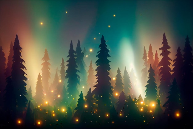 Uma imagem colorida de uma floresta com um vaga-lume no topo.