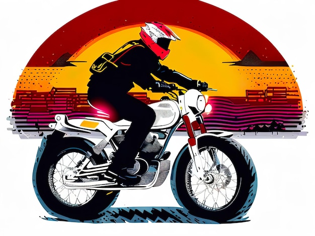 Uma imagem colorida de uma motocicleta com um piloto na parte de trás