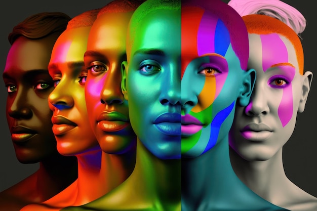 Uma imagem colorida de uma mulher com cores diferentes no rosto