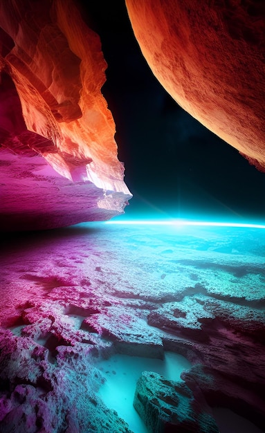 Uma imagem colorida de uma rocha com uma luz azul e rosa na parte inferior.