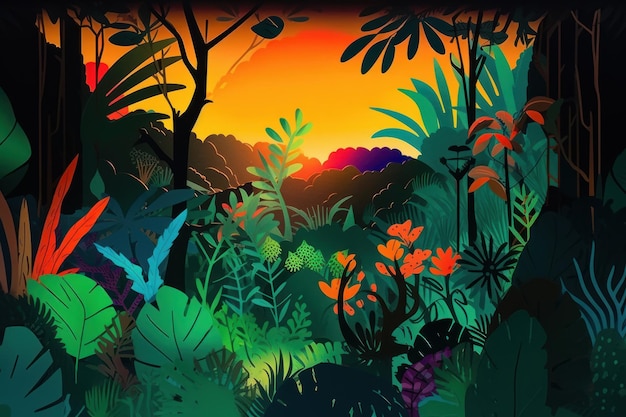 Uma imagem colorida de uma selva com um pássaro no topo.