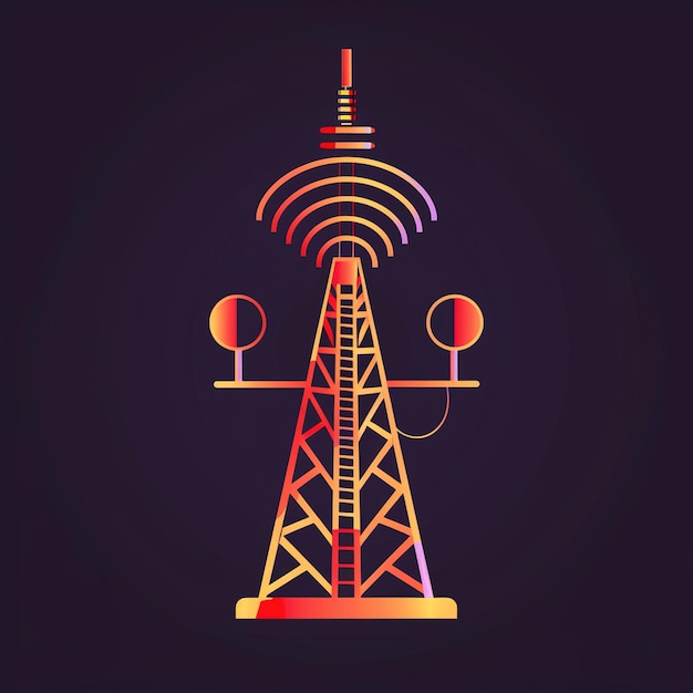 uma imagem colorida de uma torre de rádio com um design vermelho e amarelo